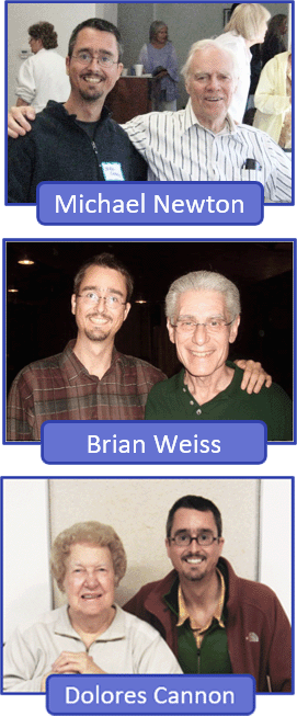 Jean-Charles Chabot avec Michael Newton, Brian Weiss et Dolores Cannon, piliers de l’hypnose spirituelle, à l’origine de notre formation en hypnose spirituelle.