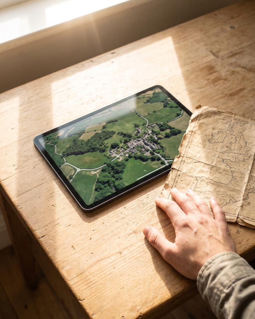 Une tablette affiche une vue satellite d'un village de campagne, à côté d'une vieille carte en papier, sur une table en bois ensoleillée
