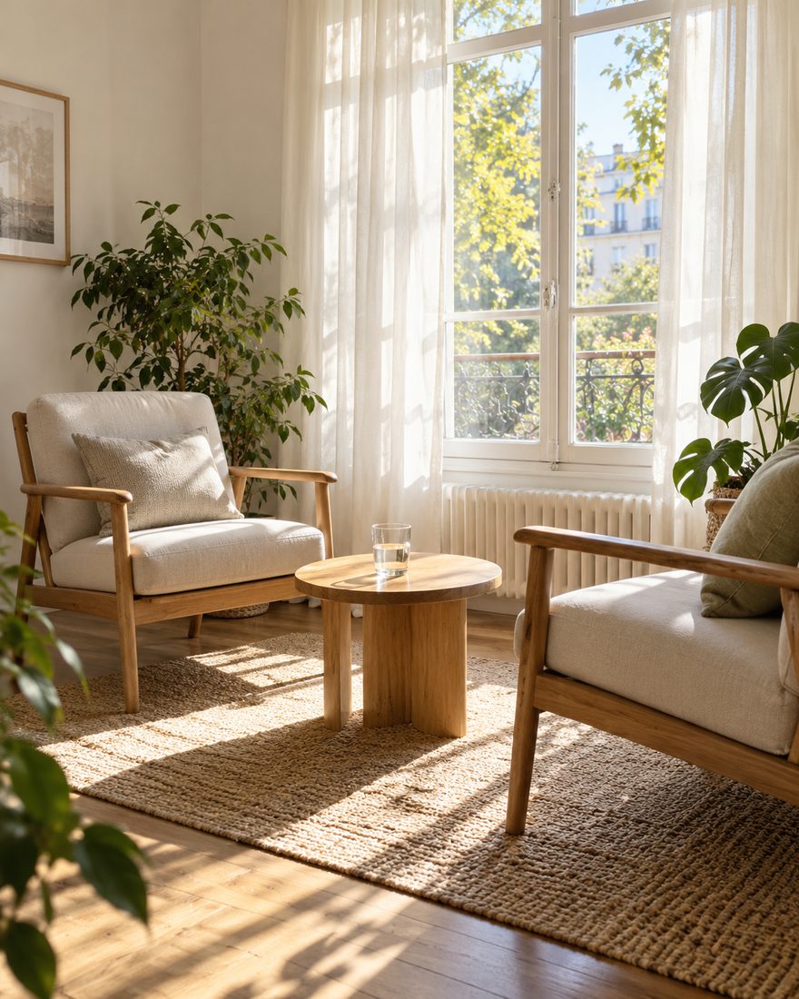 Deux fauteuils en bois face à face dans un cabinet d'accompagnement lumineux, un verre d'eau sur une petite table