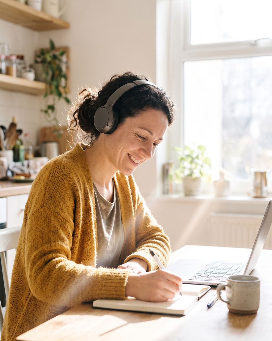 Élève souriante qui prend des notes à la main en réécoutant une séance avec un casque, au soleil