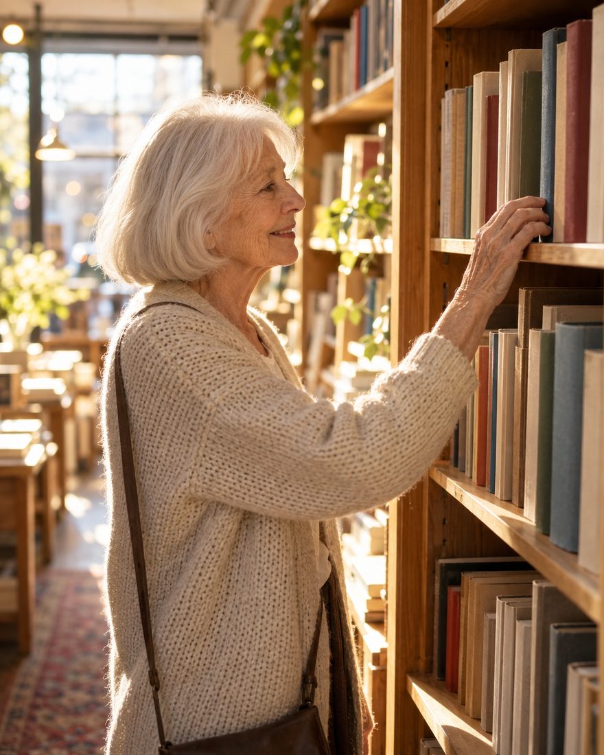 Une femme âgée souriante choisit un livre sur les rayons d'une librairie lumineuse