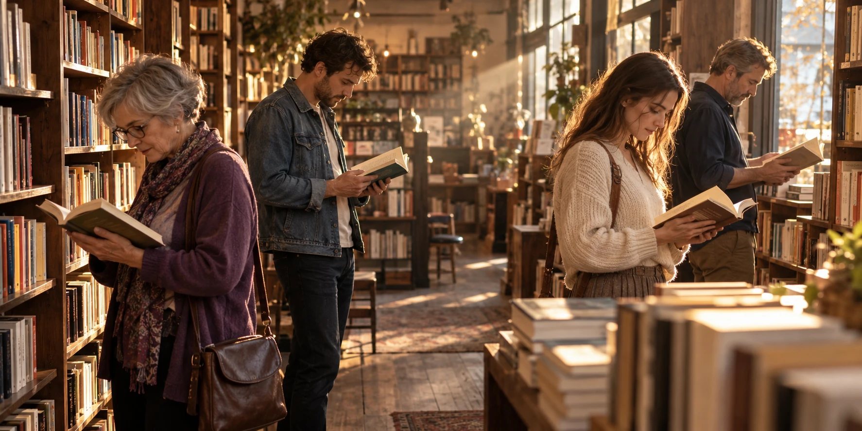 Personnes de tous âges qui feuillettent des livres dans une librairie chaleureuse