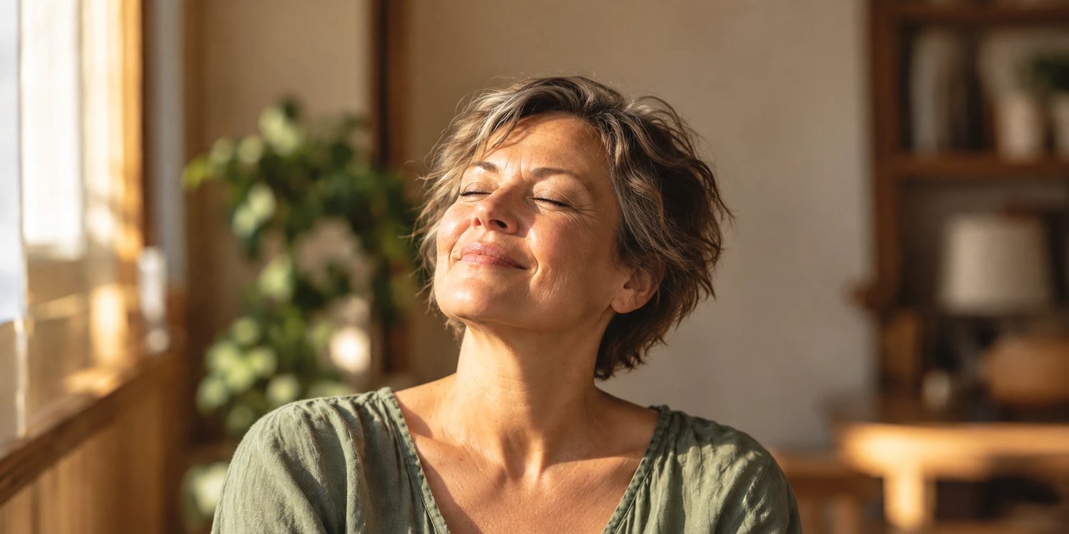 Femme souriante, les yeux fermés, dans la lumière du soleil