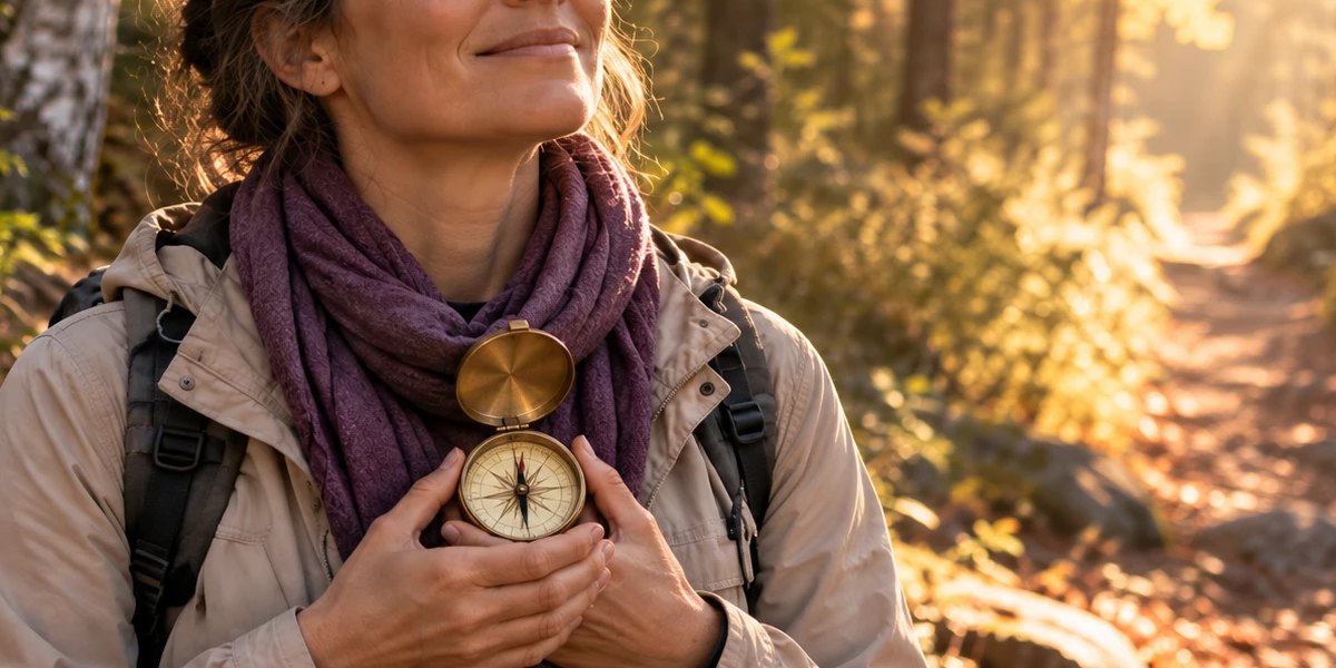 Femme souriante qui tient une boussole ouverte sur son coeur, sur un sentier de forêt ensoleillé