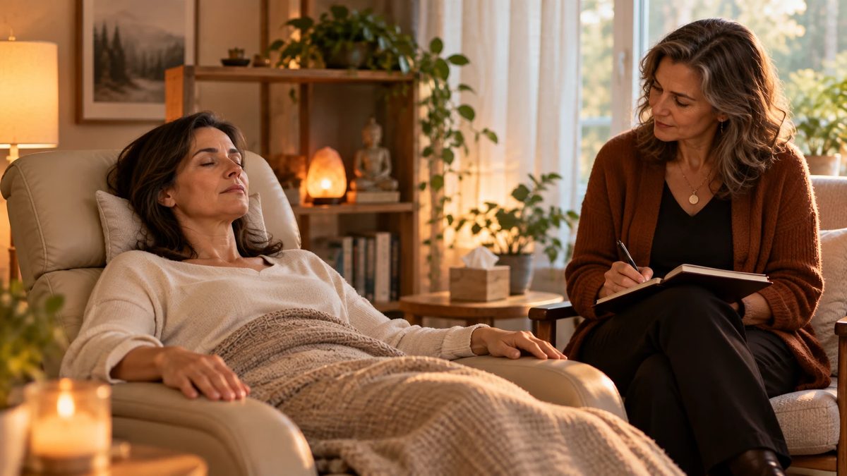 Une praticienne accompagne une séance d'hypnose spirituelle