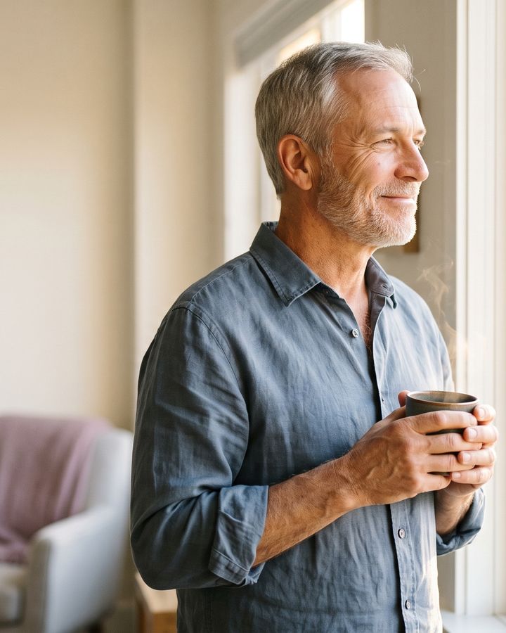 Praticien en hypnose spirituelle qui prend un moment de recueillement près de la fenêtre