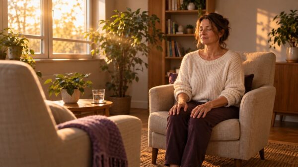 Praticienne en hypnose spirituelle, les yeux fermés, en recueillement dans un fauteuil baigné de lumière