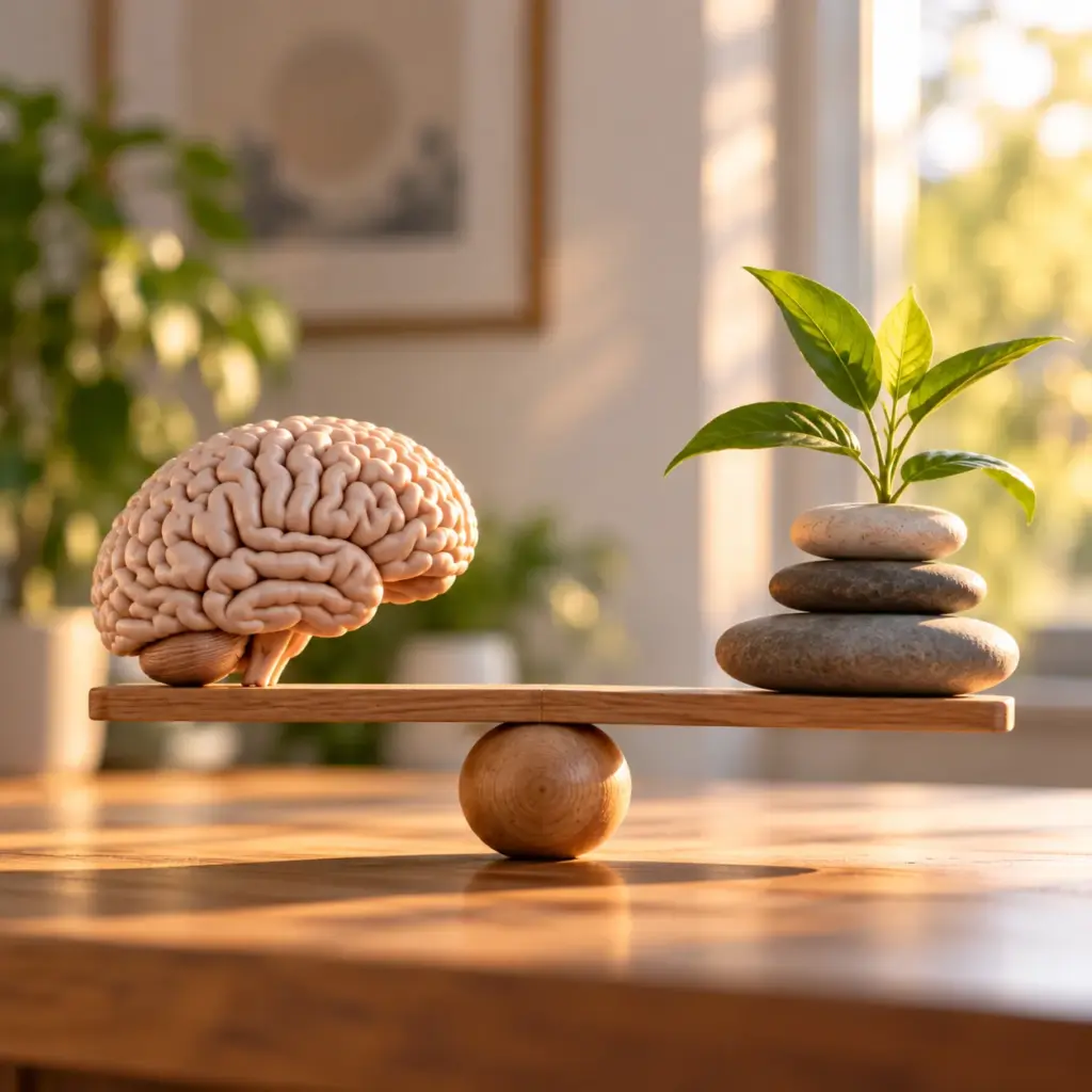 Un cerveau et des pierres empilées en équilibre sur une balance, symbole de l'alliance entre neurosciences et spiritualité dans la formation en hypnose spirituelle