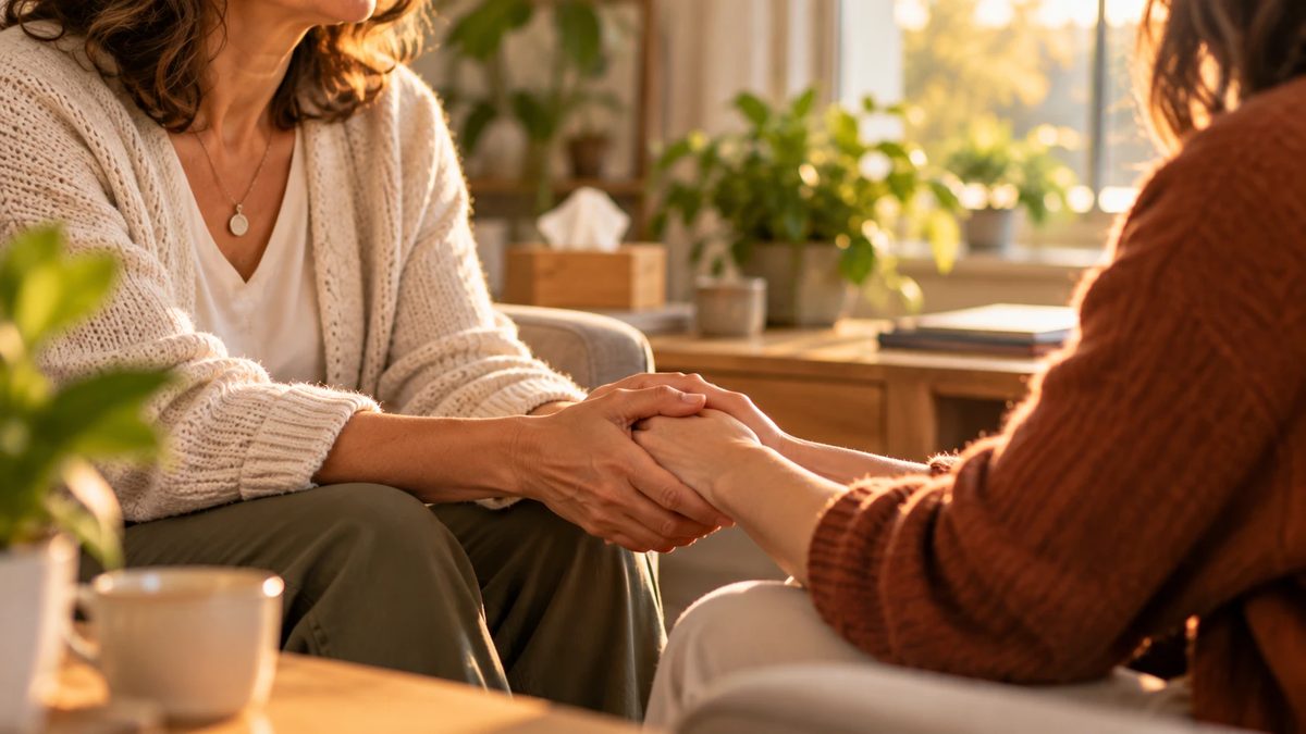 Une praticienne tient doucement la main d'une personne pendant une séance