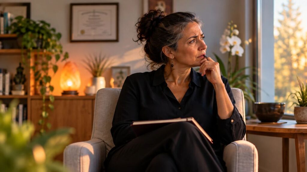 Une praticienne pensive dans son bureau de consultation